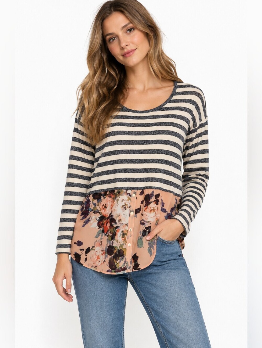 Women's Anthropologie Postmark Ginny PulloveStriped Floral Top Size S Gray Beige